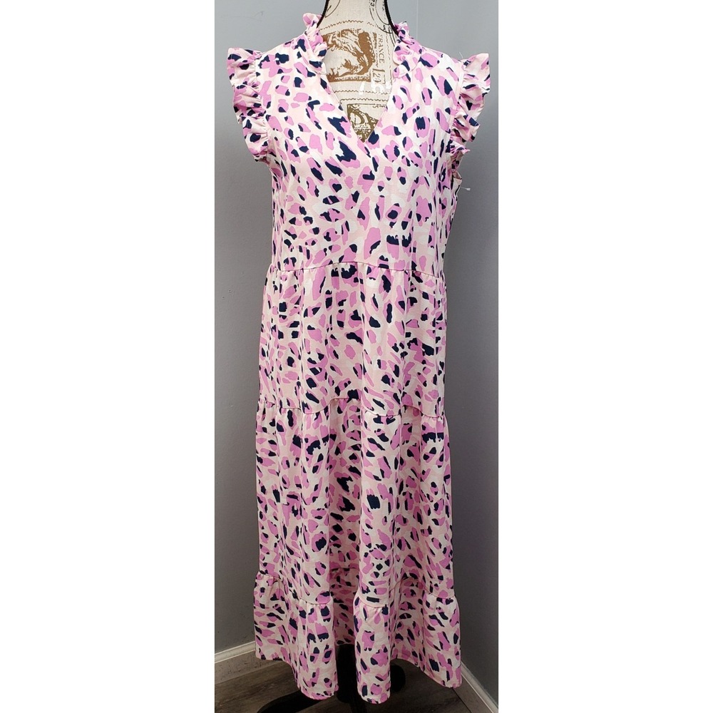 Mud Pie Adair Tiered Maxi Dress Womens S Multi Animal Print Ruffle Cap Sleeve